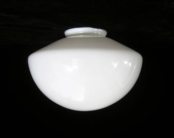 VTG 10&quot; Schoolhouse Light White Opal Glass Shade • Angled Half-Round Hanging Pendant or Semi-Flush • 4&quot; Fitter • Shaper, CA USA