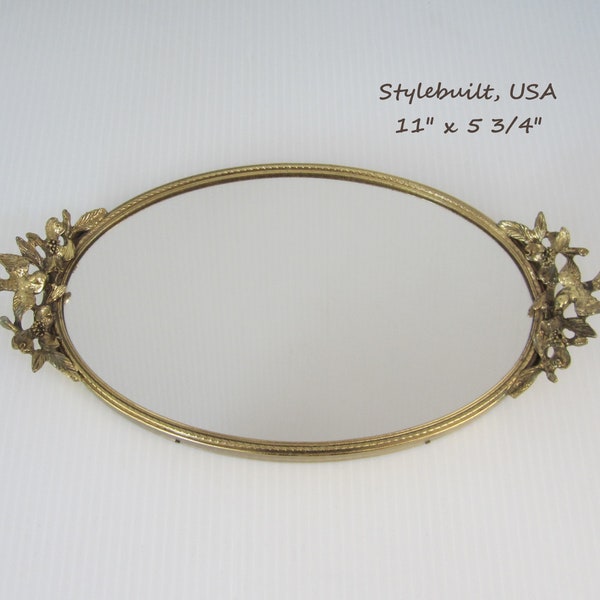 Vintage Stylebuilt Gold Ormolu Mirrored Dresser Tray 11" Oval • Ornate Bird Handles, Dogwood Flowers • Signed MCM Hollywood Regency • NY USA