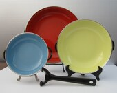 4-Pc Enamelware Pan Detachable Handle Set by Emo-Frite Vintage Mid-Century Retro Colorful Red, Yellow, Blue Cookware Celji Yugoslavia