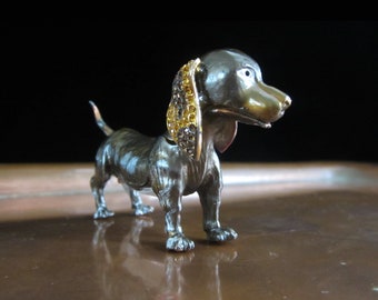 Enameled Dachshund Trinket Box with Sparkling Rhinestones • Vintage Handpainted Copper Brown with White Belly • Hinged Standing Dog Figure