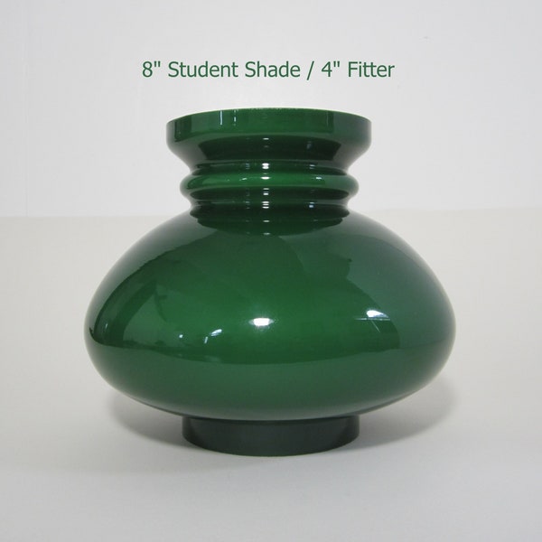 8" Student Aladdin Light Shade, Cased Glass Green & White, 4" Fitter • Vintage 6.5" Tall Mouth Blown Semi-Translucent Emerald Overlay Globe