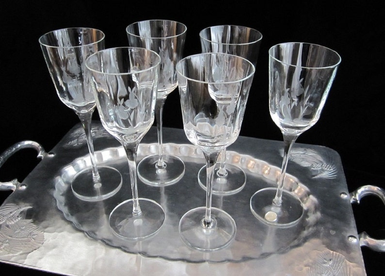 Romanian Etched Wine Glasses 6 Pc Goblet Set Crystal Optic Etsy