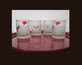 4-Pc Cera Christmas Cats Double Old-Fashioned Glass • Vintage 1960s Signed 14 Oz Satin Highball Cocktail Glasses Green & Red Decoration VGC