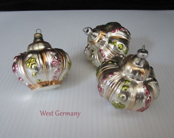 3-Pc West German Blown Glass Christmas Ornaments • 2 1/2" Lobed Crown Colorful Silver Pink Green Gold Floral • Vintage Handpainted • Germany
