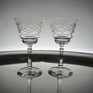 2-Pc Bryce Bros. Liquor Cocktail Glass 865-2 Wheel Cut Polished & Gray Fans, Diamonds, Stars Blown Crystal Goblet Vintage 1930s PA USA image 1