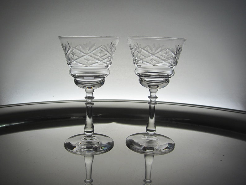 2-Pc Bryce Bros. Liquor Cocktail Glass 865-2 Wheel Cut Polished & Gray Fans, Diamonds, Stars Blown Crystal Goblet Vintage 1930s PA USA image 1