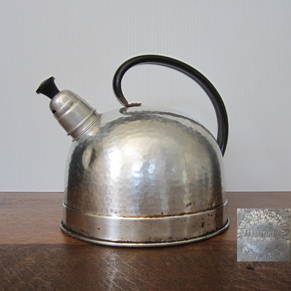 West German Whistling Kettle Hammered Aluminum with Enameled Black Handle • Vintage Mid-20th Century Art Deco Dome Water Pot • Cottage Core