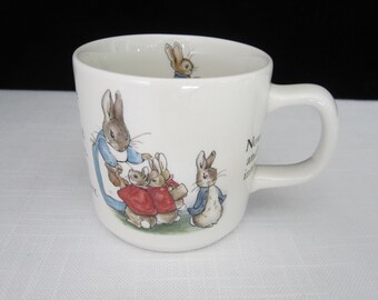 Wedgwood Peter Rabbit Child's Mug by Beatrix Potter, Vintage Nursery Ware Cup with Flopsy, Mopsy, Cotton Tail & Momma Bunny. Design Inside.