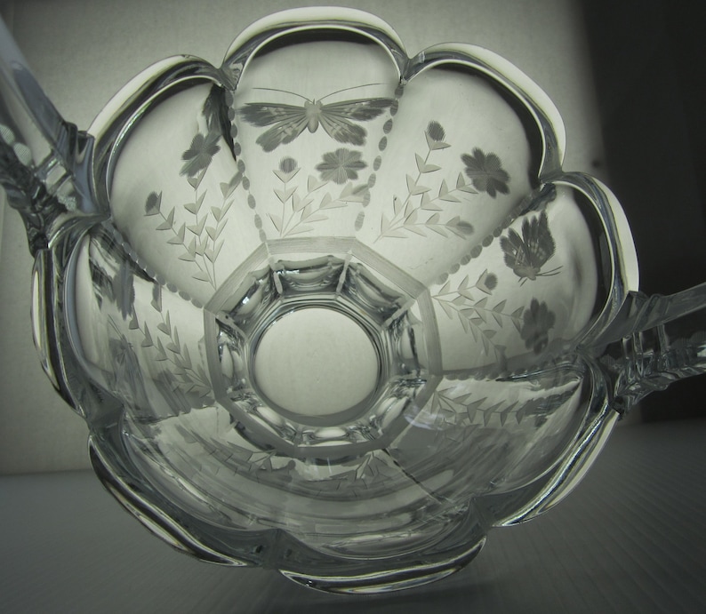 13 Heisey Colonial Glass Basket Butterfly & Flower Cutting Antique 1915 Elegant Crystal Handle Etched Line 459 Easter Wedding Gift USA image 3