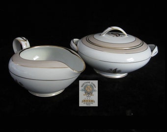 3-Pc Creamer & Sugar Bowl with Lid Avon by Noritake • Vintage 1954 Elegant Gold Trimmed White Porcelain • Floral, Beige Band No.5531 • Japan