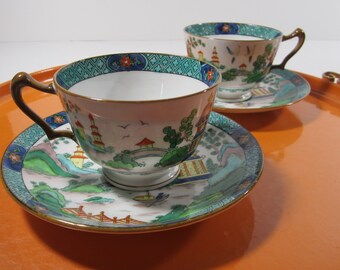 2-Sets Crown Staffordshire Ye Olde Willow Cup & Saucer • Vintage 1933  #5356 Hand Enameled Fine Bone Colorful Asian Estuary Scene • England