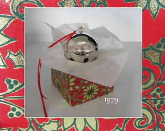 1979 Boxed Wallace Sleigh Bell Ornament Silverplate "Bustling Christmas Village" • Vintage Annual Keepsake Hanging Christmas Tree Bell • USA