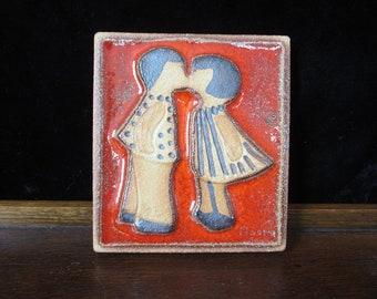 Noomi Backhausen Soholm Wall Plaque • Red Crackle Glaze Young Couple Kissing • Vintage 1970s Signed Danish Stoneware Art Pottery Handcrafted