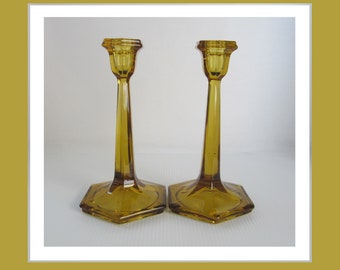 9" Pair Hexagonal Candlestick Amber Glass by Paden City, New Martinsville • Antique Vintage c1920s • Single Light Elegant • Collectible  USA