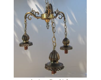 DIY Antique 3-Arm Pan Light Ceiling Fixture, Bronze Brass Finish • Early 20th Century Petite Chandelier, Abstract Floral Acanthus & Scrolls