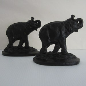 Pair Cast Iron Bookends Connecticut Foundry Elephants with Trunk Up Vintage 1930 Signed Design No. 915 Classic Black Crafted in USA image 2