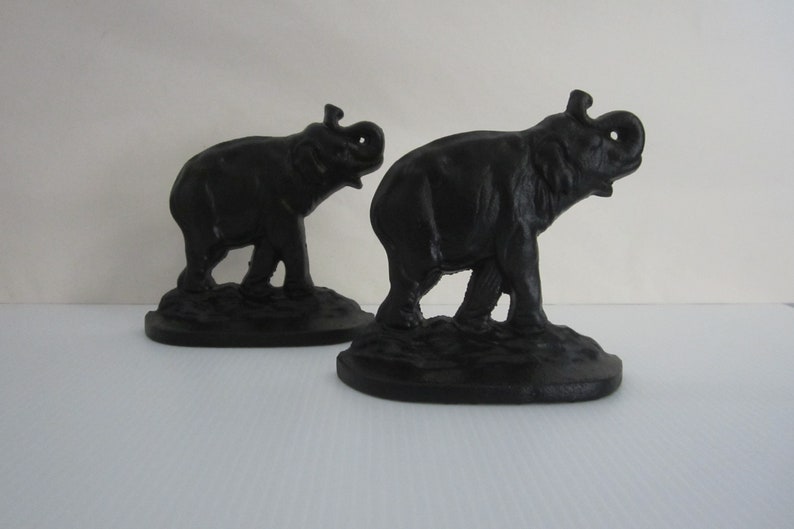 Pair Cast Iron Bookends Connecticut Foundry Elephants with Trunk Up Vintage 1930 Signed Design No. 915 Classic Black Crafted in USA image 2