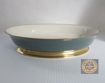 9 7/8" Oval Serving Bowl Sylvan Teal Green by Flintridge China • Vintage 1964 MCM Vegetable Dish All-Gold Foot and Trim • Made in Calif, USA