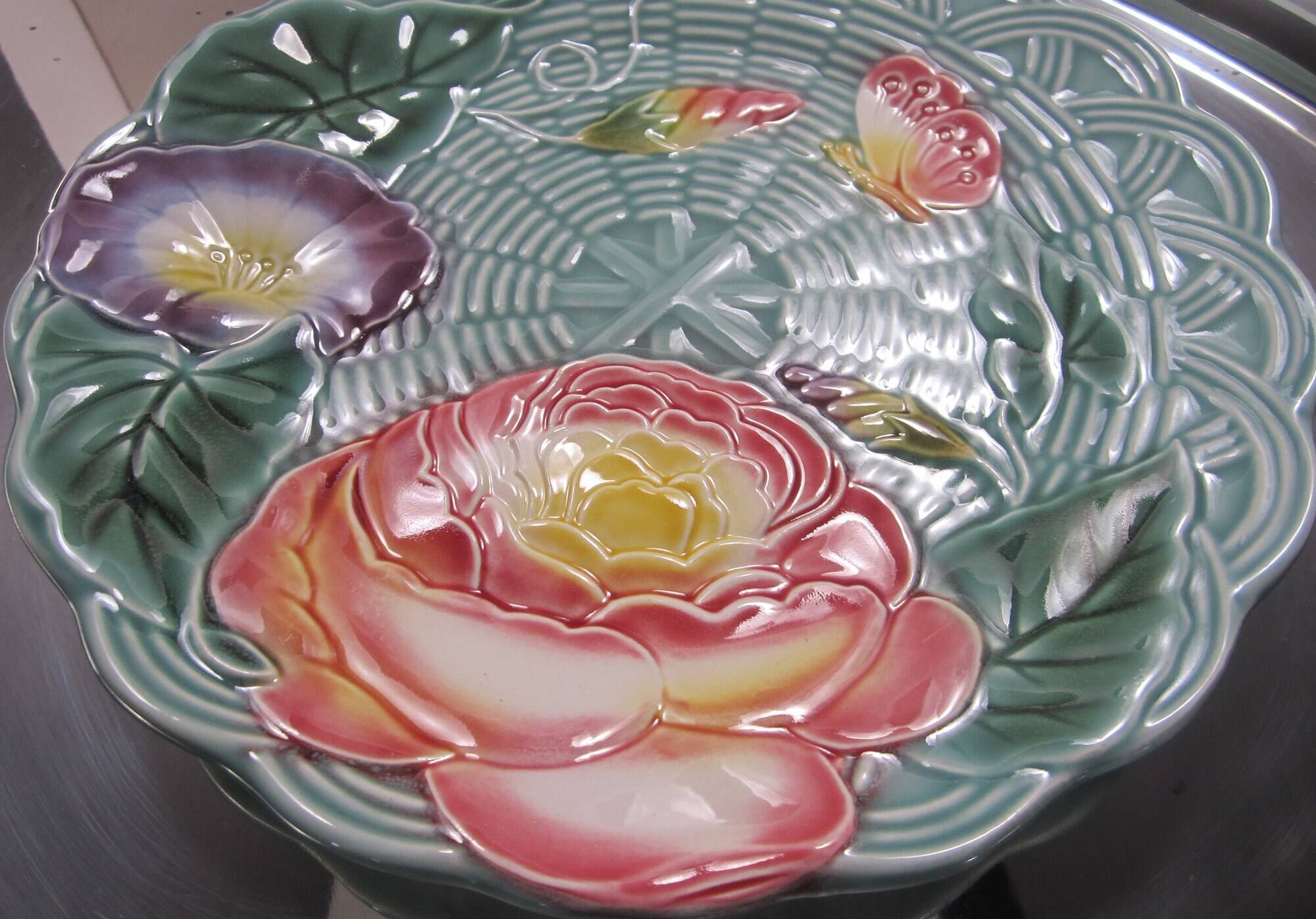2-pc Geneviève Lethu Floral Salad Plate Set • Vintage Teal