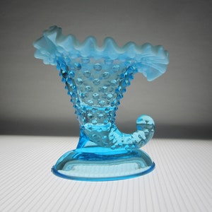 Fenton Blue Opalescent Hobnail Cornucopia Candlestick: Mid-Century Floral Vase