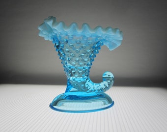 5 1/2" Cornucopia Candlestick Hobnail #3874 Blue Opalescent by Fenton Glass • Vintage MidCentury Crimped Opal Rim Floral Posy Holder • USA