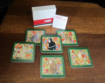 6-Pc Pimpernel Christmas Cats Coaster Set in Box • Vintage 1990s Leslie Hallas Designs • 4 1/16" Square, Green Edge, Cork Backing • England