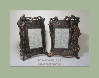 2-Pc Art Nouveau Picture Frame Cast Metal Maidens & Flowers • Bronze Copper, Easel, Glass Cover • Vintage Large 8x11 Tabletop, 4x6 Photo Pix
