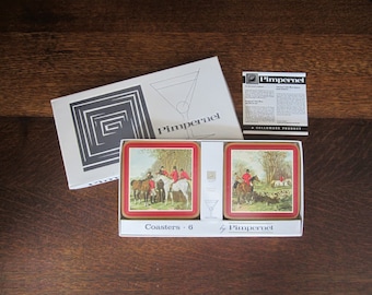 6-Pc Pimpernel Horse Hunt Scenes English Celluware Coaster Set in Box • Vintage Colorful 4 1/16" Square, Maroon Edge, Cork Backing • England