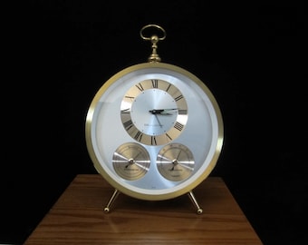 Bulova Weather Station Alarm Clock • Brass Windup Temperature Hygrometer Dials • Vintage Midcentury Industrial • Desktop Pocket Watch Japan