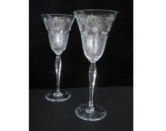 2-Pc Rare Kosta Sweden Cut Crystal Water Goblet • Vintage c1950s Signed 10" Extra Tall Handmade Water/Wine Glass • Long Stem Elegant Etch