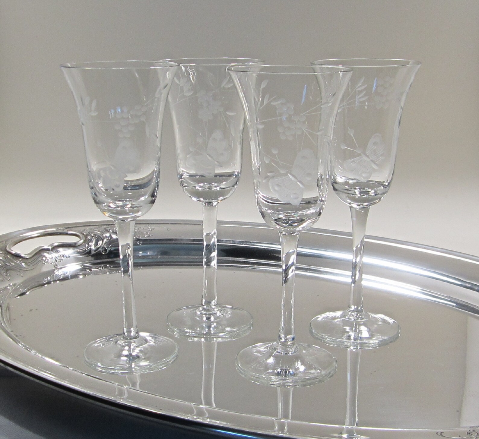 4Pc Butterfly Wine Glass Set by Toscany Vintage Blown Etched Etsy