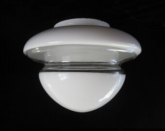 12" White & Clear Acorn Banded Light Shade • Vintage MCM Subway Church School Pendant Lighting • 6" Fitter • Hand Blown Glossy Smooth Shape