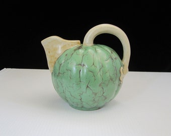 Louis Lourioux Melon Jug, Green Turquoise & Brown, Signed • c1920 Antique Collectible Pottery Top Handled Coloquinte Pitcher • Foëcy, France