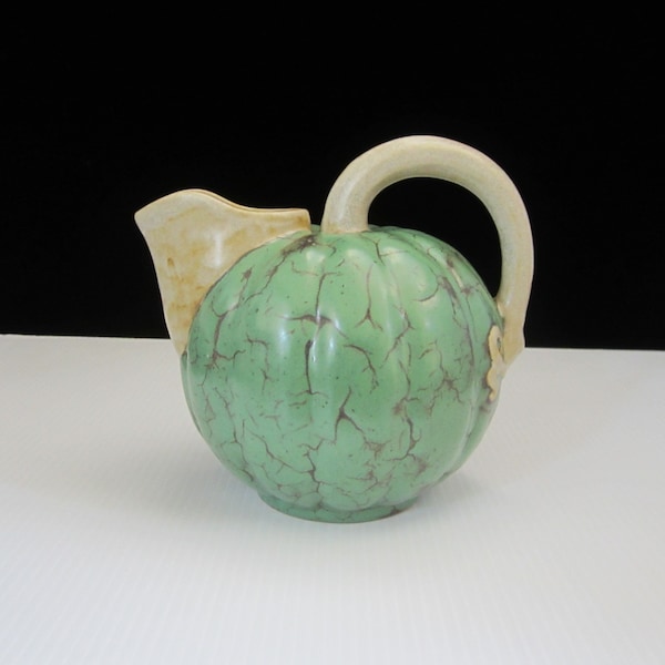 Louis Lourioux Melon Jug, Green Turquoise & Brown, Signed • c1920 Antique Collectible Pottery Top Handled Coloquinte Pitcher • Foëcy, France