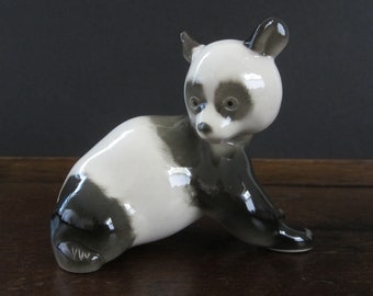 Panda Bear Figurine Hand Painted Porcelain by Lomosov, Russia • Vintage Signed Collectible Charcoal Black & White • Baby Cub Crouching Pose