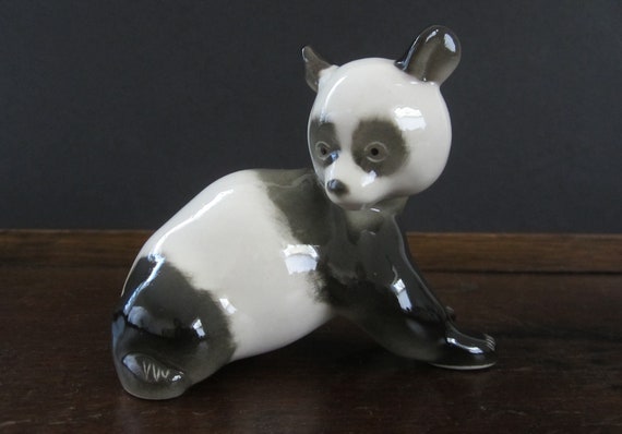 Vintage Lomonosov Porcelain Panda Figurine, Hand-painted Russian