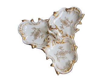 12" Vintage 3-Part Porcelain Center Handle Tray White with Floral Gold Gilt Trim • Euro MCM Ornate Fancy Hors d'Hoeuvres Crudité Nut Server