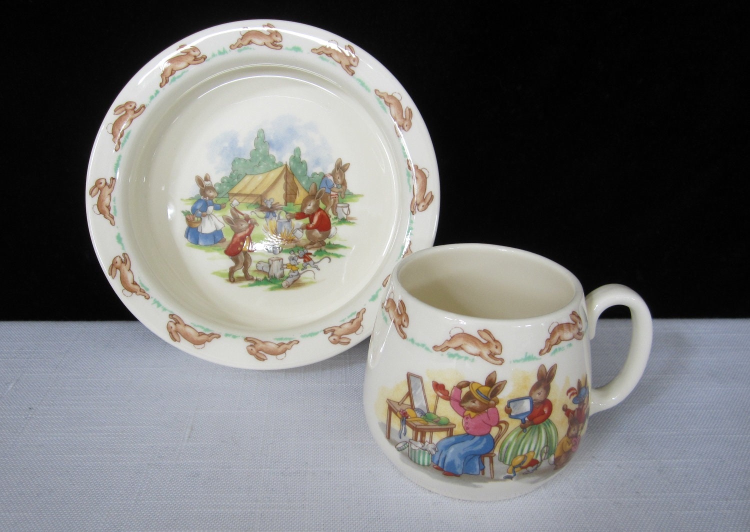 Vintage Royal Doulton Bunnykins Plate and Mug Set, English Bone