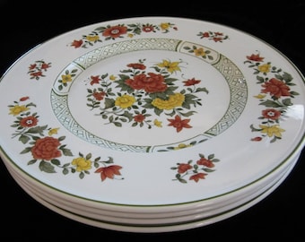 4-Pc Summerday Dinner Plate by Villeroy & Boch • Vintage 1983 Floral Red Yellow Green Luxury Porcelain • 10 1/2" Large Low Profile • Germany