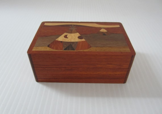 2x3" Small Wood Marquetry Trinket Box with Native… - image 1