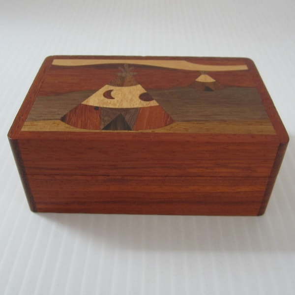 2x3" Small Wood Marquetry Trinket Box with Native American Teepee Motif • Vintage Collectible Finely Handcrafted Mulicolor Woods • Canada