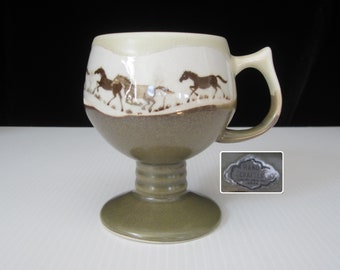 8 Oz Otagiri Horses Pedestal Mug • Vintage 8 Oz Stoneware Footed Coffee Cup • Wild Running Mustangs Western Prairie • Hand Crafted in Japan