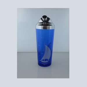 Vintage Hazel-Atlas Cobalt Sailboat Cocktail Shaker: 1930s Art Deco Barware