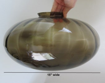 15&quot; Smokey Brown Glass Pendant Swag Ceiling Light Shade • Vintage MCM Period Optic Blown Globe • Huge Size Saucer Flat Ball Shape • Salvaged