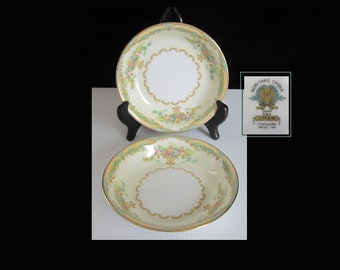 2-Pc Joan Bowl Small Berry / Sauce Dishes by Noritake Morimura • Vintage 1933 Pastel Floral Bouquets No. 584 Green Edge Gold Trim • Japan