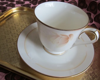 Devotion Cup & Saucer by Noritake • Ivory China Gold Trimmed Taupe Roses with White Leaves • Vintage 1983 Pattern 7271 Art Nouveau • Japan