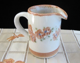 4 1/4" Cream Pitcher with Pansy Flowers • Rustic Stoneware Farmhouse Pottery • Hand Made Decorative Fall Colors Cream Orange Purple Floral