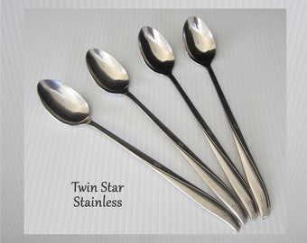 4-Pc Twin Star Stainless Iced Tea Spoon Set by Oneida Ltd. • Vintage 1959 Retro Atomic Design Starburst Handle • Discontinued • Very Nice!