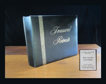 Vintage Leather Photo Album: Treasured Portraits, Black Cowhide, Gold Lettering, 20 Mats