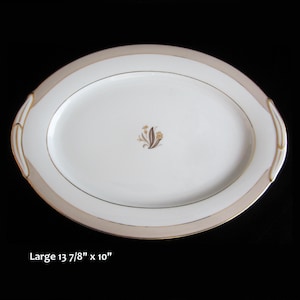 13 7/8&quot; Avon Oval Platter by Noritake • Large Serving Plate Beige Band Gold Trim Center Flower • Vintage 1950s MidCentury Japanese Tableware